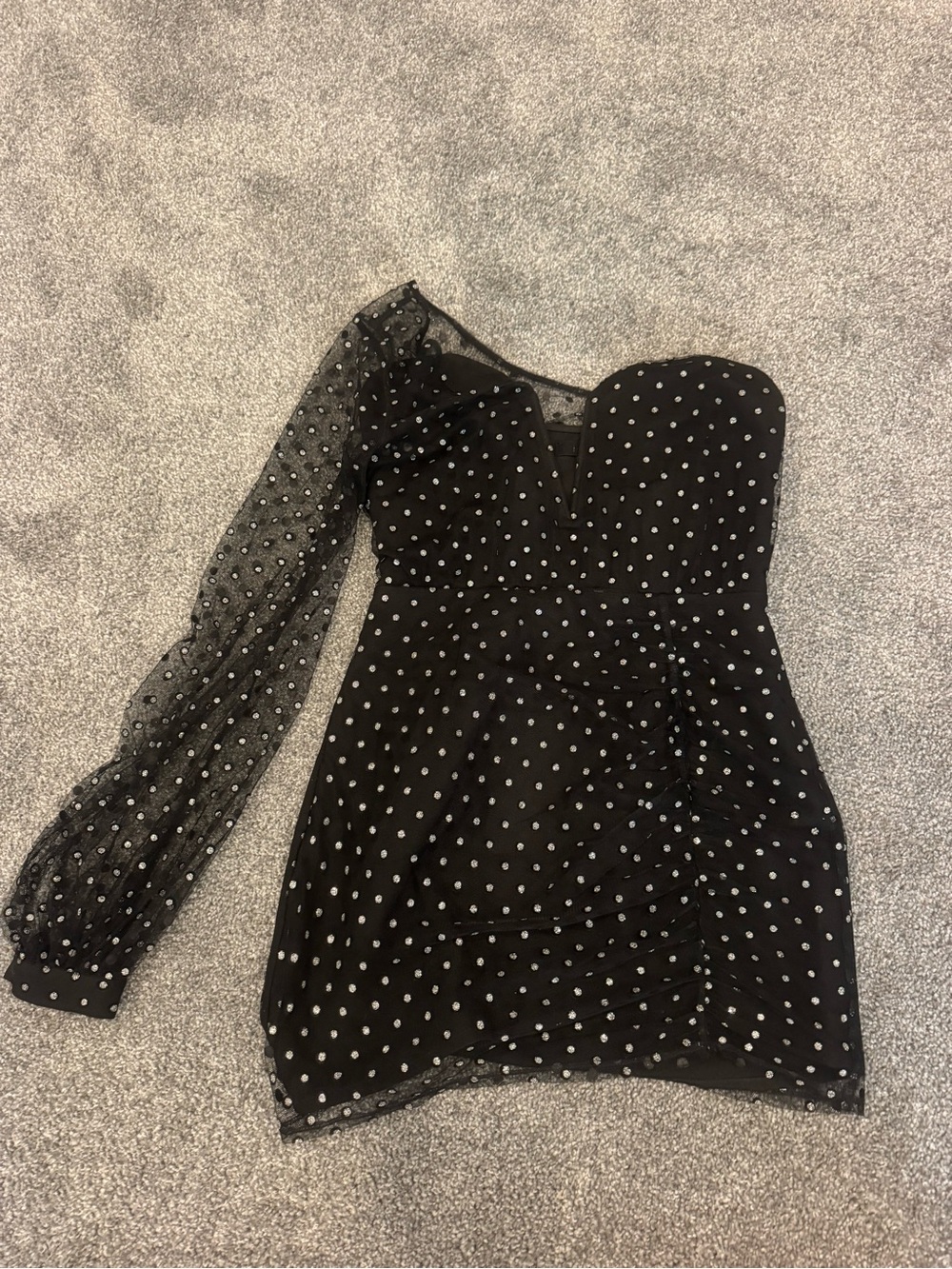 Black One-Shoulder Polka Dot Mesh Mini Dress